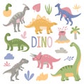 Set of various cartoon dinosaurs among tropical plant, palm trees, volcano and DINO inscription